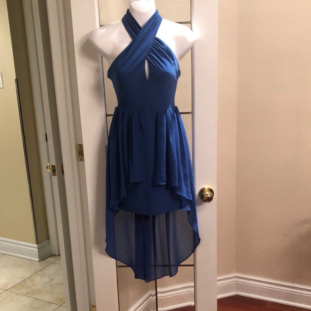 Blue Halter High-Low Cocktail Dress